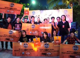 Luminasion pose with musicians from the second and third placed bands after winning first prize at the Battle of the Bands 2011 contest held at the Hard Rock Hotel Pattaya on Friday,. March 11.
